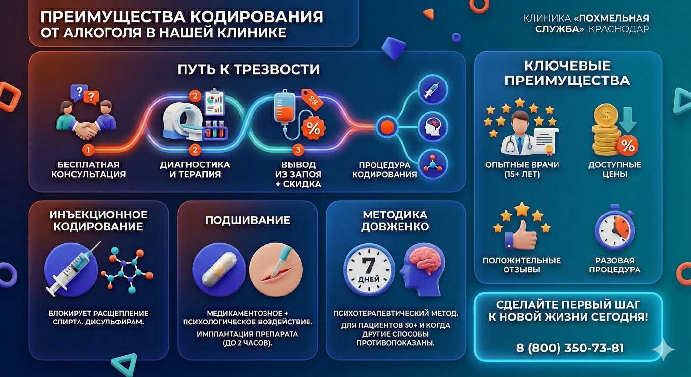 Инфографика о методах кодирования от алкоголя в Шелехове: инъекции, подшивание, метод Довженко. Преимущества клиники и этапы лечения.